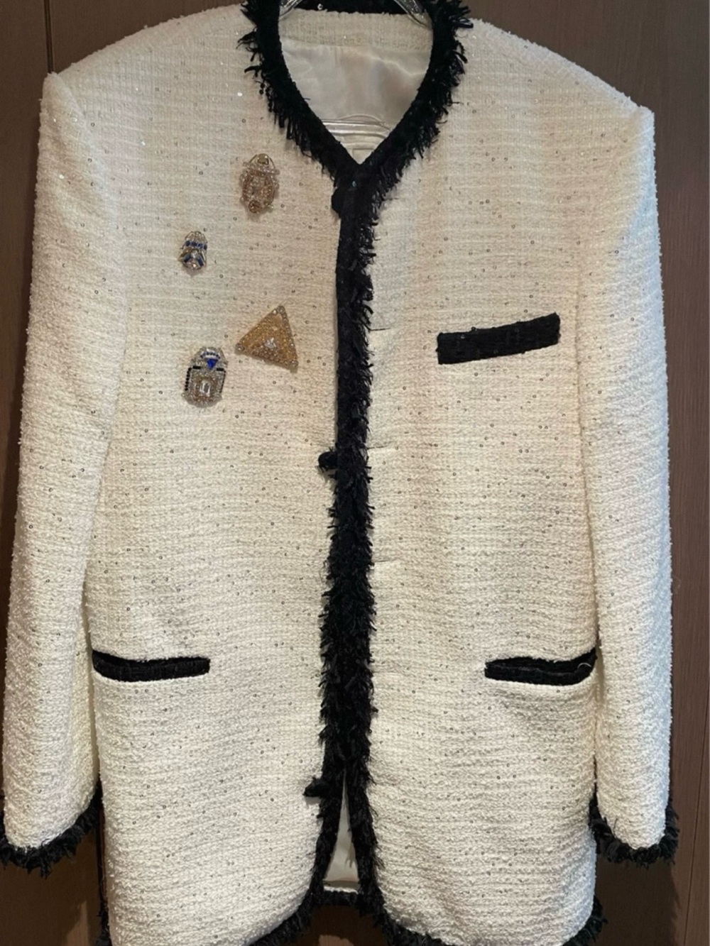 Balmain White Tweed Jacket with Black Trim - Women's Coat